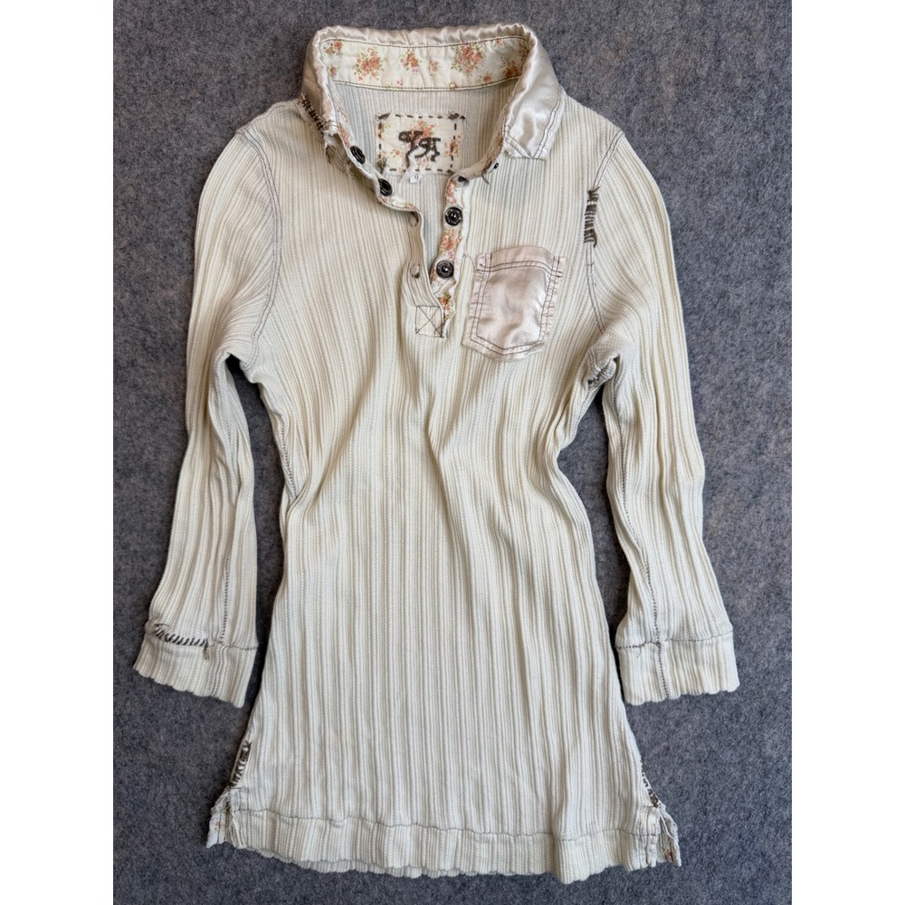 Vintage Y2K Ribbed Distressed Henley Top M Cream Floral Satin Fairy Bella Swan